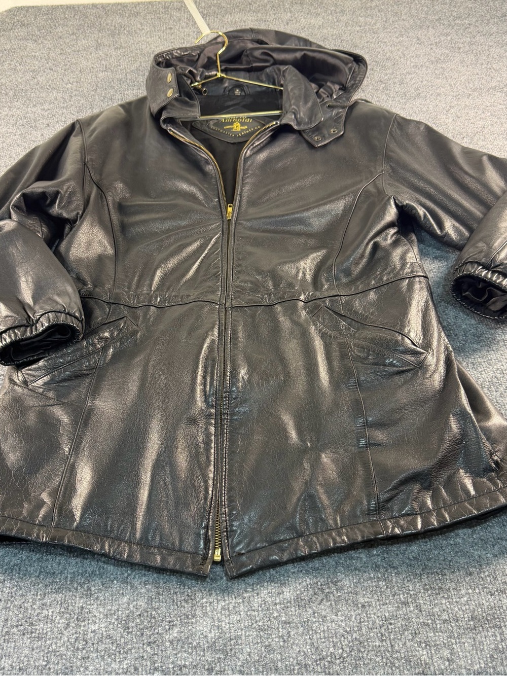 Women's Black Leather Hooded Zip Jacket
